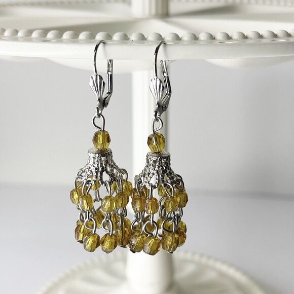 Vintage Avon Earrings Beaded Chandelier Hanging Drop 70s 80s Glam Boho Chain - Picture 1 of 16